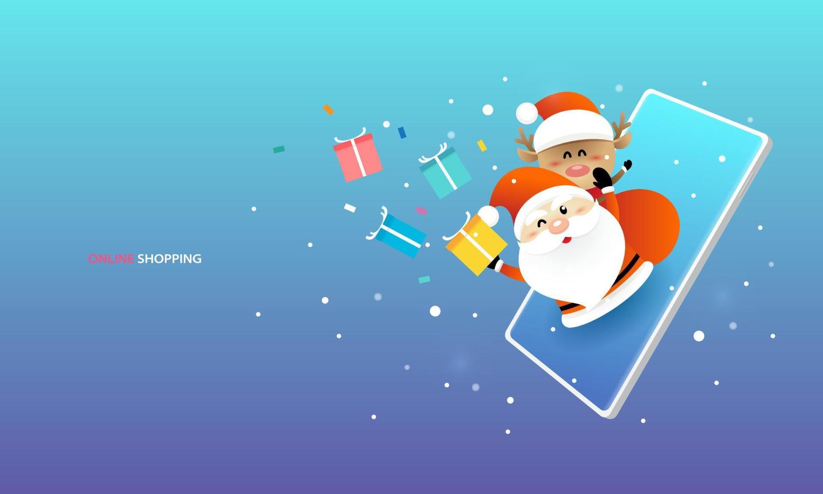 Cartoon Santa Claus, rendeer and gifts with Christmas sale time for gifts. Online shopping on smartphone, cellphone or mobile concept for web banners, web sites. Online business template. vector