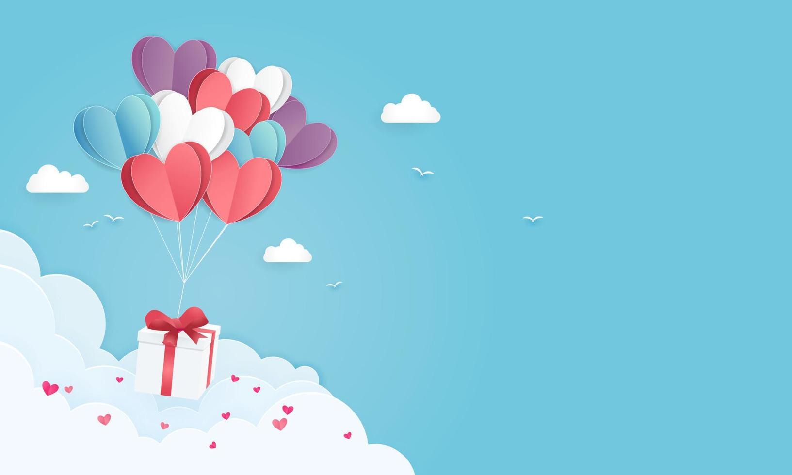 Ilustración del amor y el día de San Valentín con globo de corazón de papel y caja de regalo flotando en el cielo azul. se puede utilizar para papel tapiz, folletos, invitaciones, carteles, pancartas. estilo de corte de papel. vector