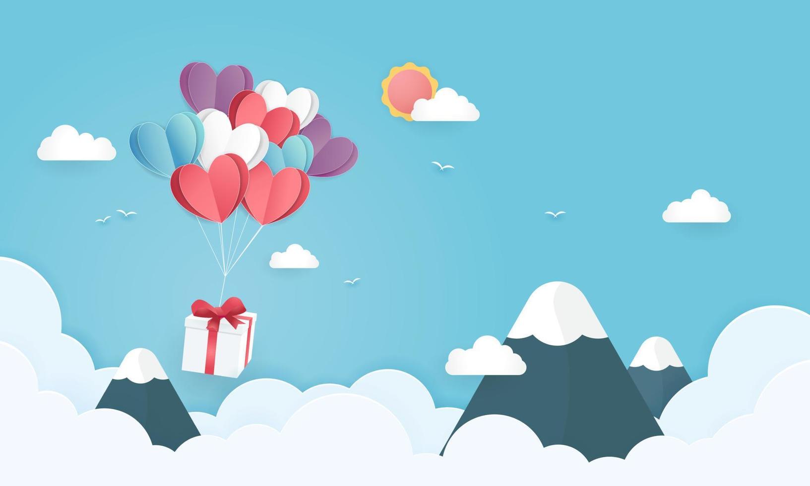 Ilustración del amor y el día de San Valentín con globo de corazón de papel y caja de regalo flotando en el cielo azul. se puede utilizar para papel tapiz, folletos, invitaciones, carteles, pancartas. estilo de corte de papel. vector