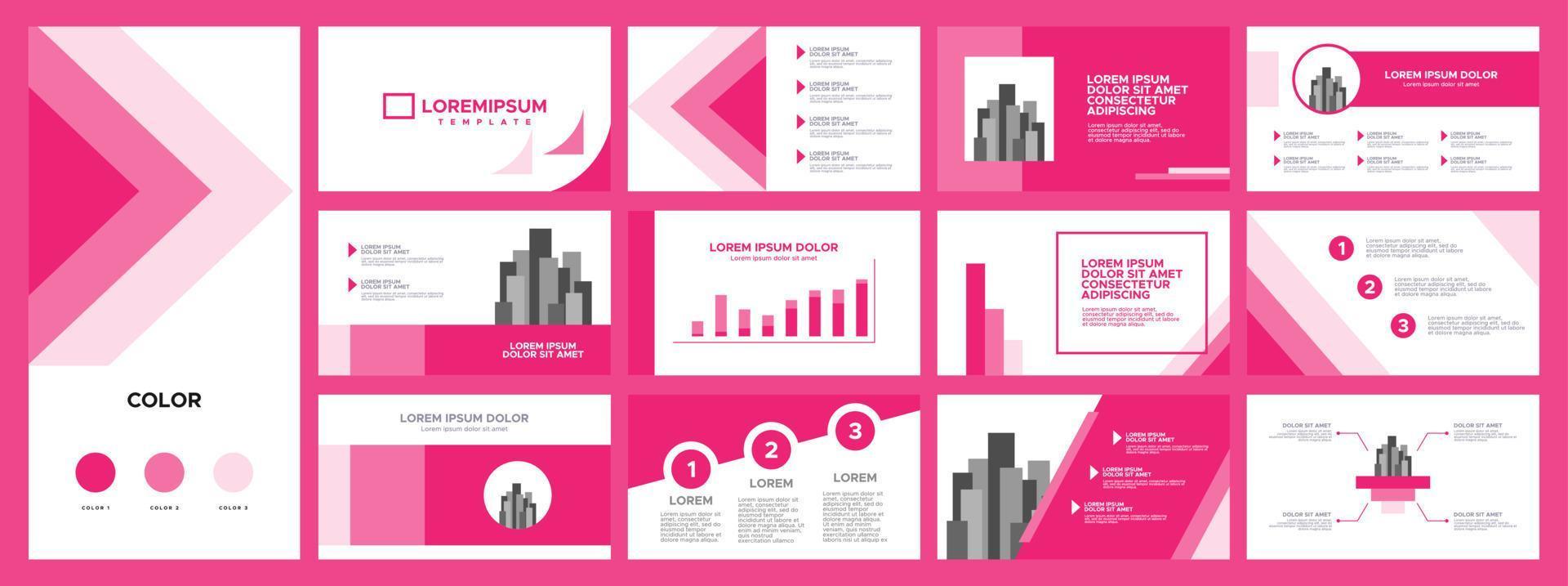 conjunto de plantillas de presentación de negocios. Úselo para el informe anual comercial, la nota clave, el diseño de folletos, el control deslizante del sitio web, la página de destino, el perfil de la empresa, el banner con color rosa. vector