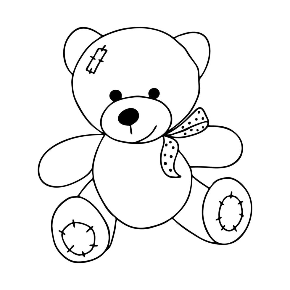 Teddy bear contour.Doodle style hand-drawn toys.Outline drawing.Black and white image.Monochrome image.Children's cute toy.Coloring.Vector image vector