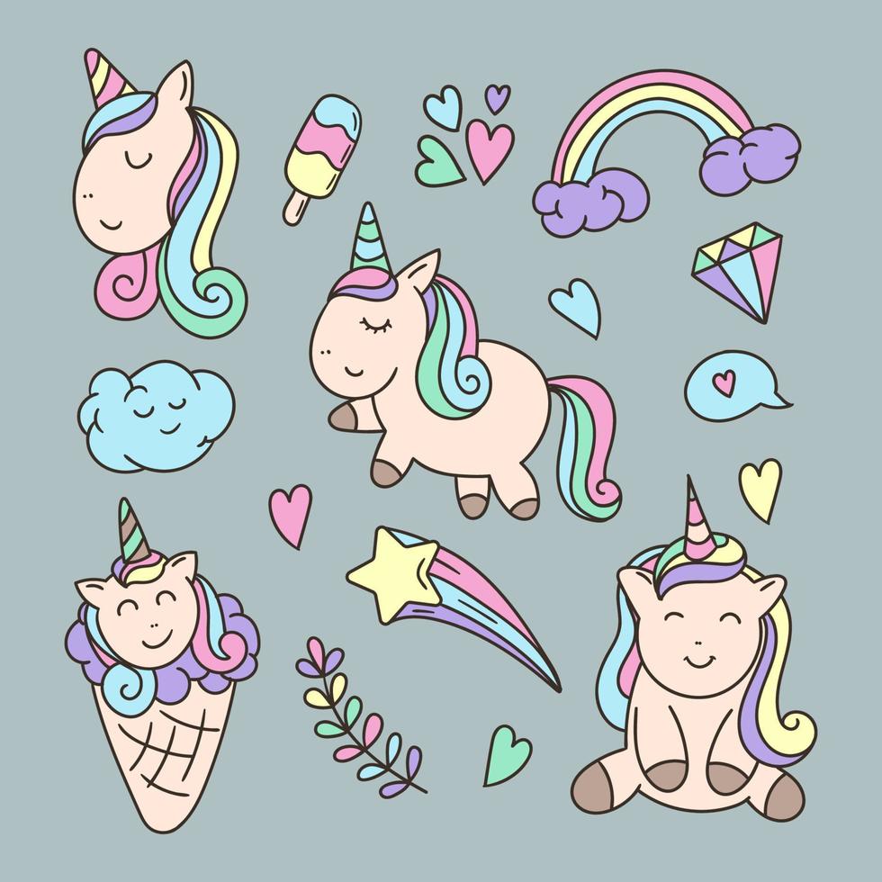 conjunto de pegatinas de unicornio para dibujar a mano vector