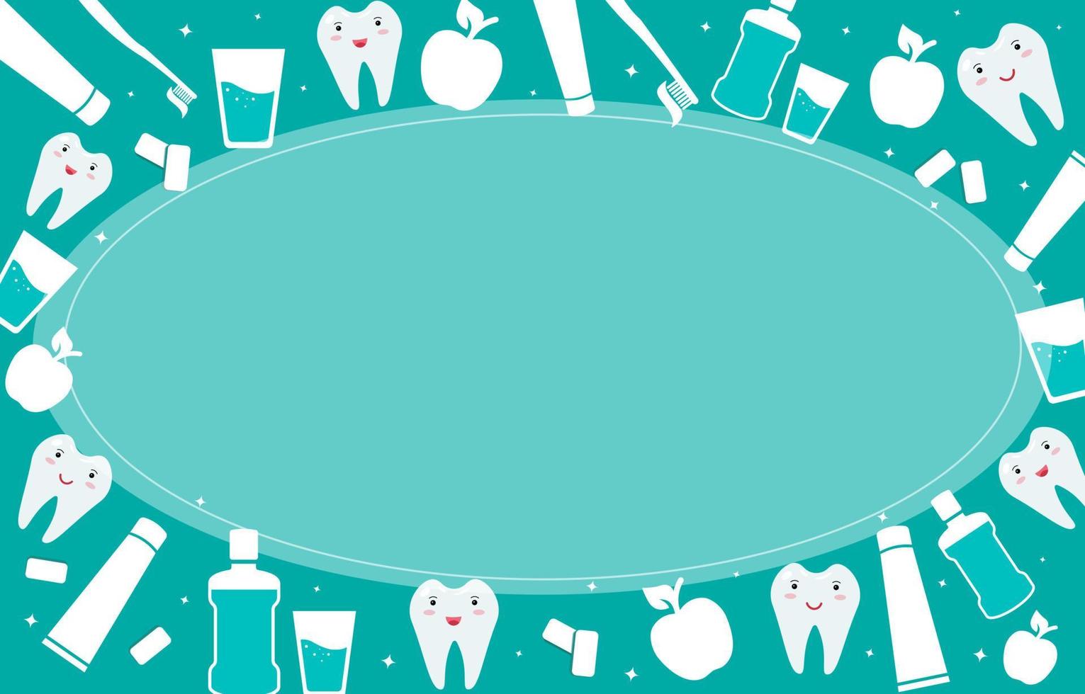 Dental and oral care frame. Pediatric dentistry banner design template. Items for daily hygiene of the oral cavity. Mouthwash and toothbrush with paste, Apple, chewing gum, white healthy teeth. Vector