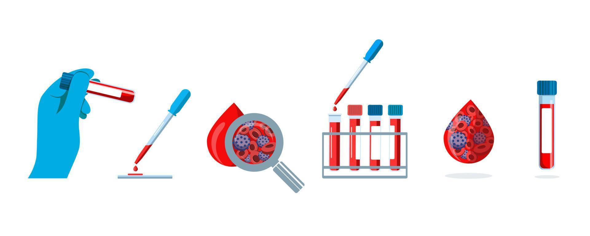 Medical test tubes with blood samples. The patient's blood in pipettes for analysis. Laboratory research concept for biochemistry and viruses. Blood donation. Blood plasma with viruses. Vector set.