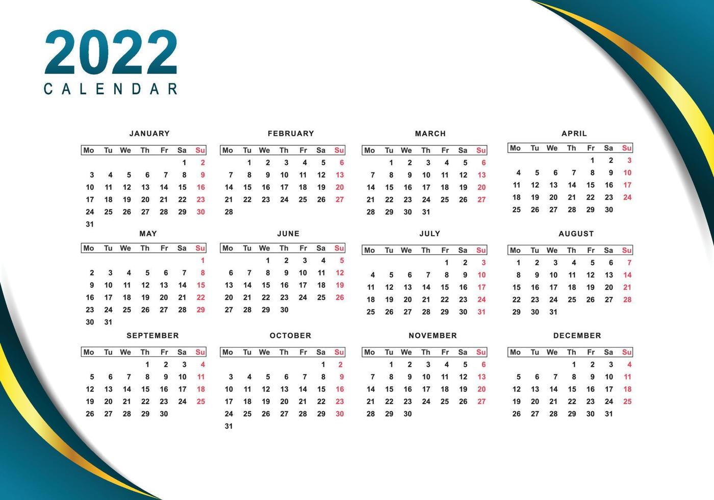 Abstract 2022 new year calendar template design vector