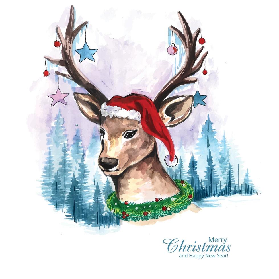 Hand drawn christmas deer landscape trees watercolor background vector