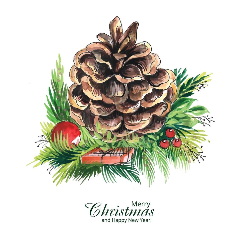 Hand draw christmas wreath branches with pine cones card design vector