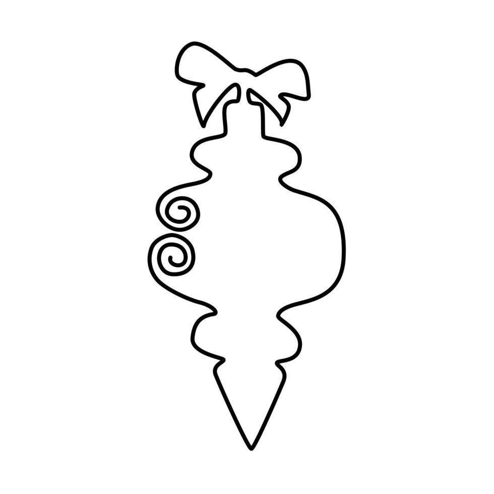 The contour drawing of an elongated Christmas tree toy in the style of minimalism with a solid continuous line. Hand-drawn. Vector graphics.