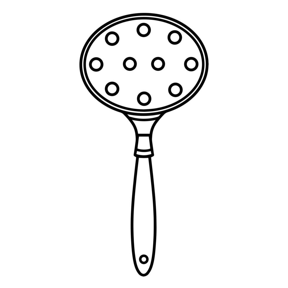 icono de vector de skimmer. Ilustración dibujada a mano aislada sobre fondo blanco. cuchara ranurada de cocina con mango, pequeños agujeros. cubiertos para cocinar alimentos, quitar espuma, remover, grasa profunda. simple garabato.