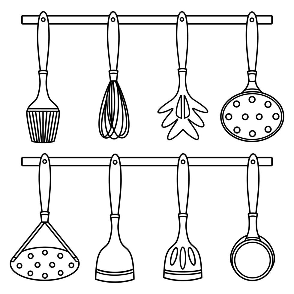 conjunto de vectores de herramientas de cocina. Ilustración dibujada a mano aislada sobre fondo blanco. colección de cubiertos para cocinar - espátula, cucharón, espumadera, batidor, triturador de patatas, cuchara para espaguetis. bosquejo monocromo