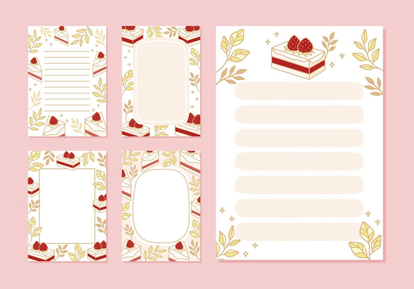 Collection of daily or weekly planner, note paper, to do list, wishlist, organizer templates decorated with cute strawberry cake illustrations vector