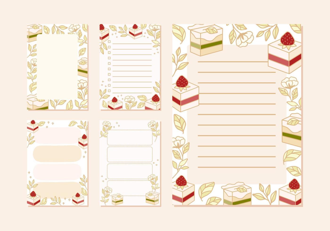 Collection of daily or weekly planner, note paper, to do list, wishlist, organizer templates decorated with cute strawberry cake illustrations vector