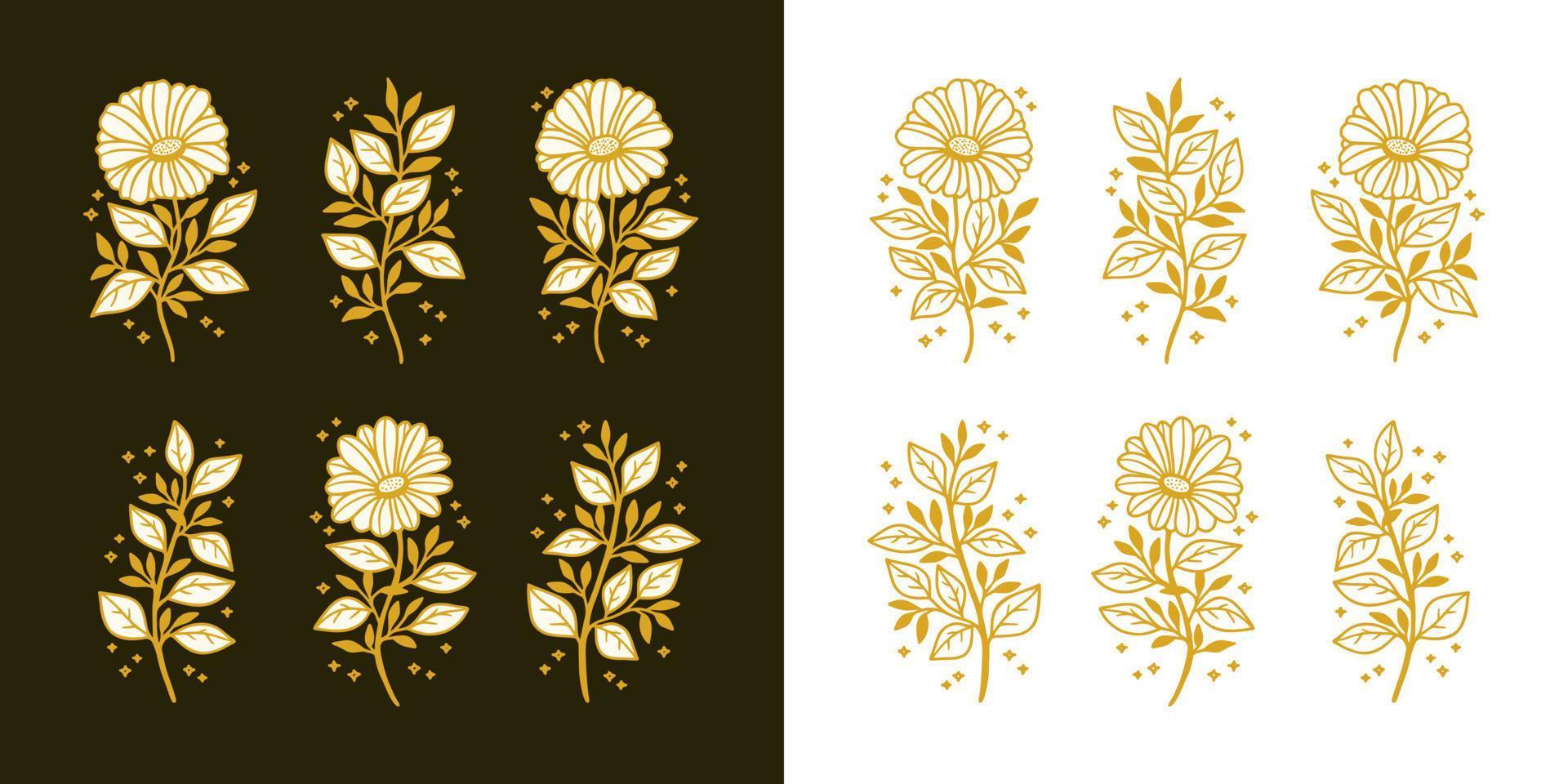 Set of hand drawn vintage peony, rose flower, and floral leaf branch line art feminine logo elements vector