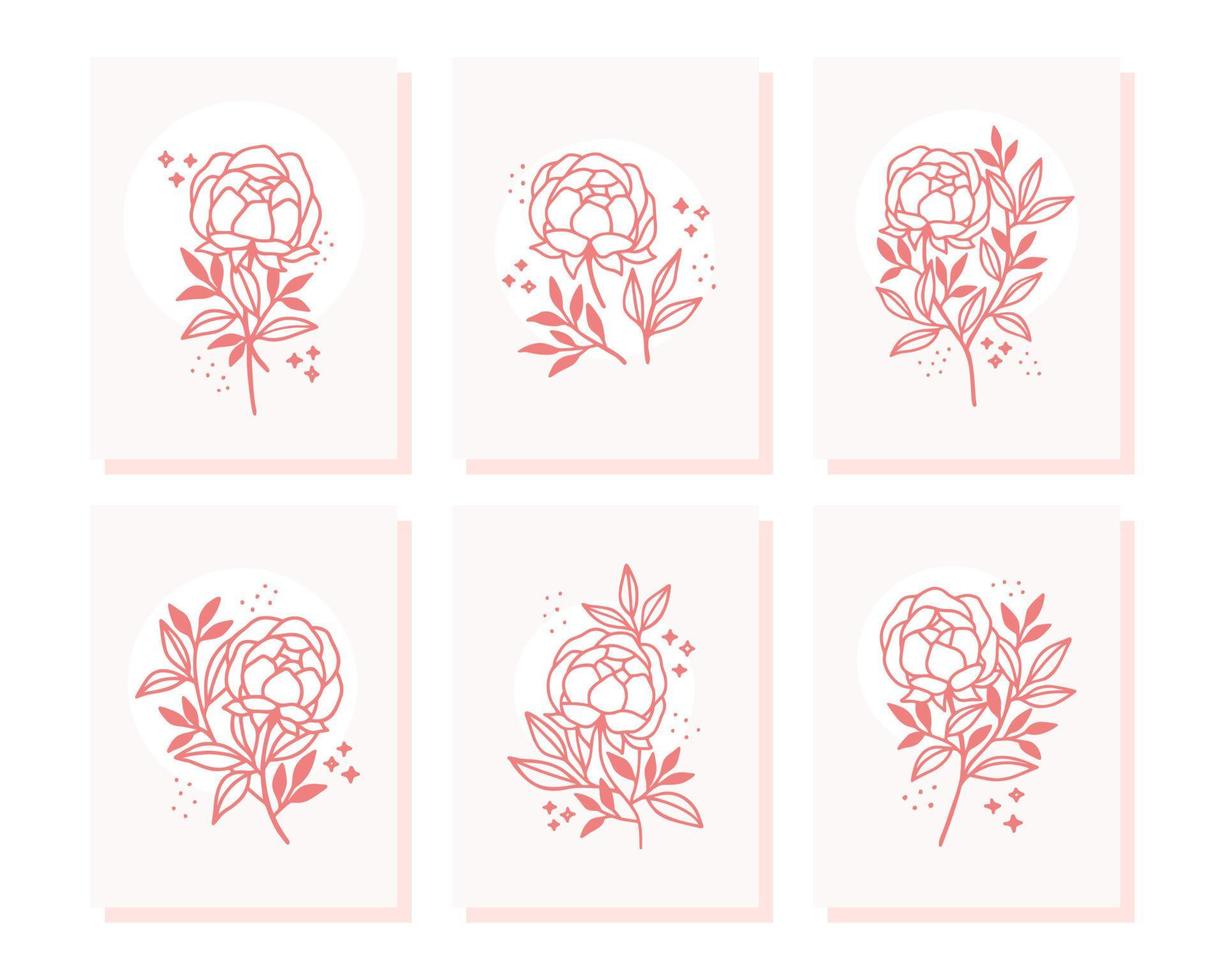 Collection of vintage romantic card templates with rose and peony flowers vector