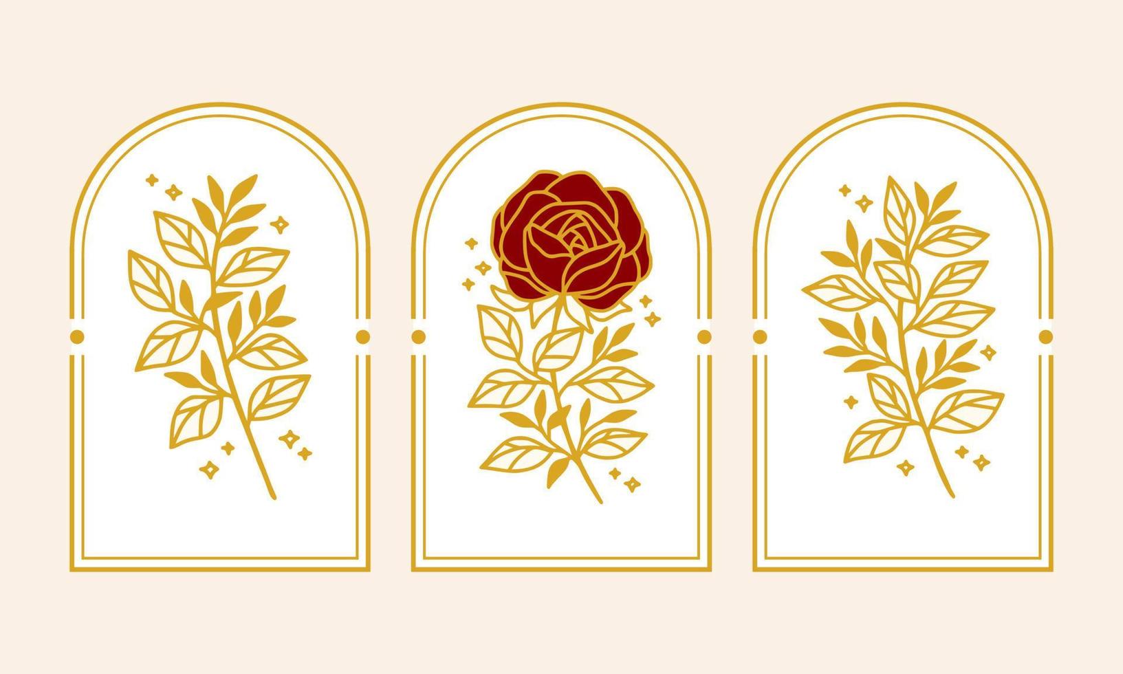conjunto de elementos de logotipo femenino y belleza de flor rosa vintage dibujados a mano vector