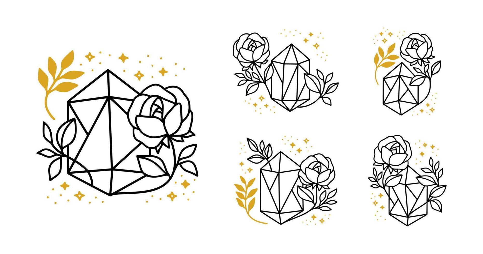 Hand drawn magical crystal logo element with botanical leaf and stars vector