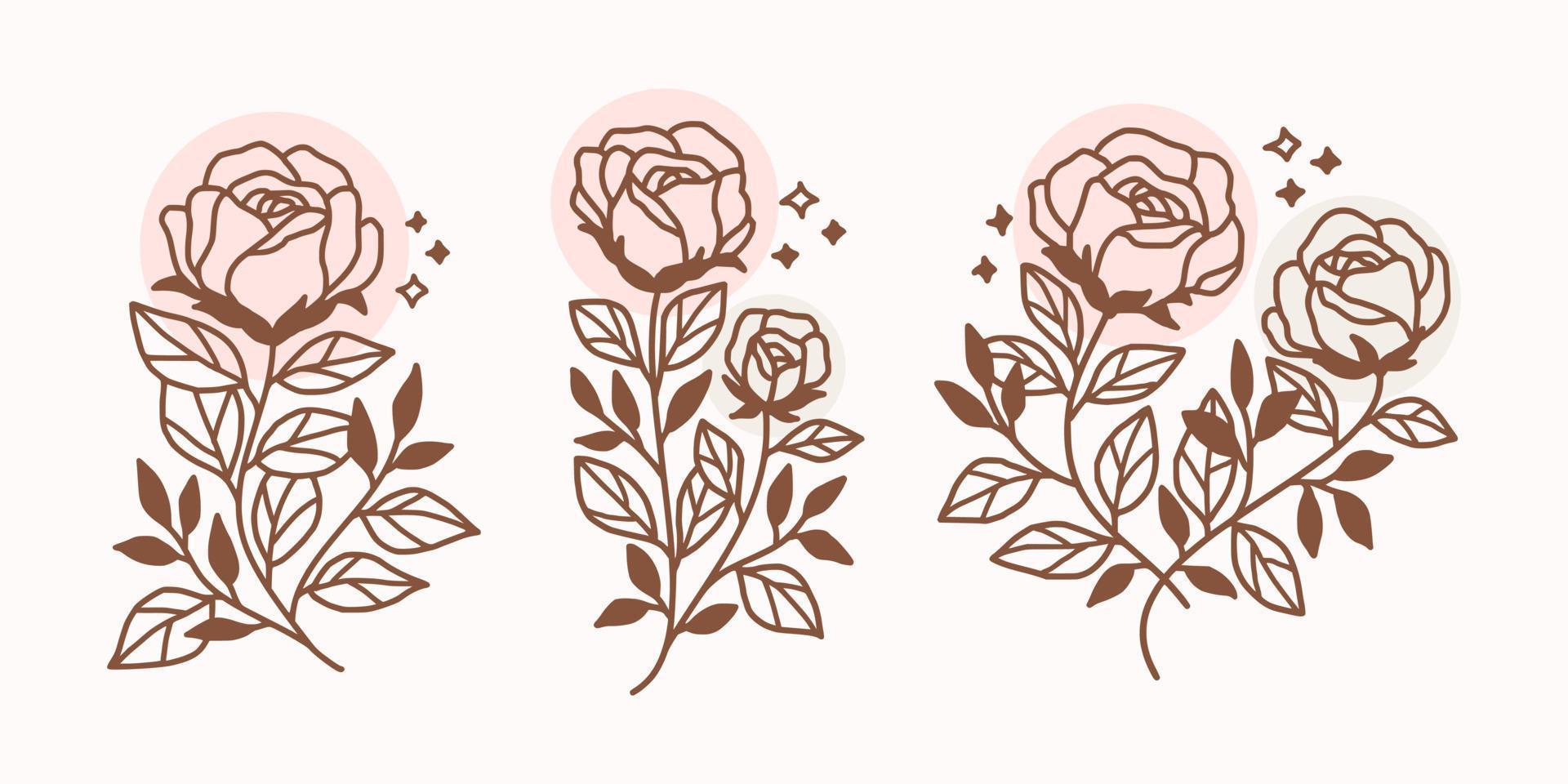 Set of hand drawn vintage linear flower and plant elements for logo or decoration vector