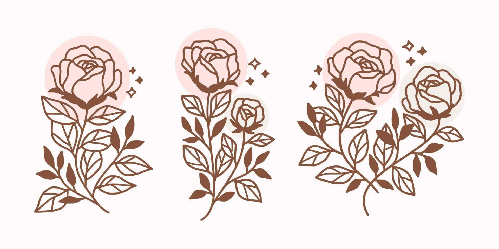 Conjunto de elementos florales y vegetales lineales vintage dibujados a mano para logotipo o decoración vector