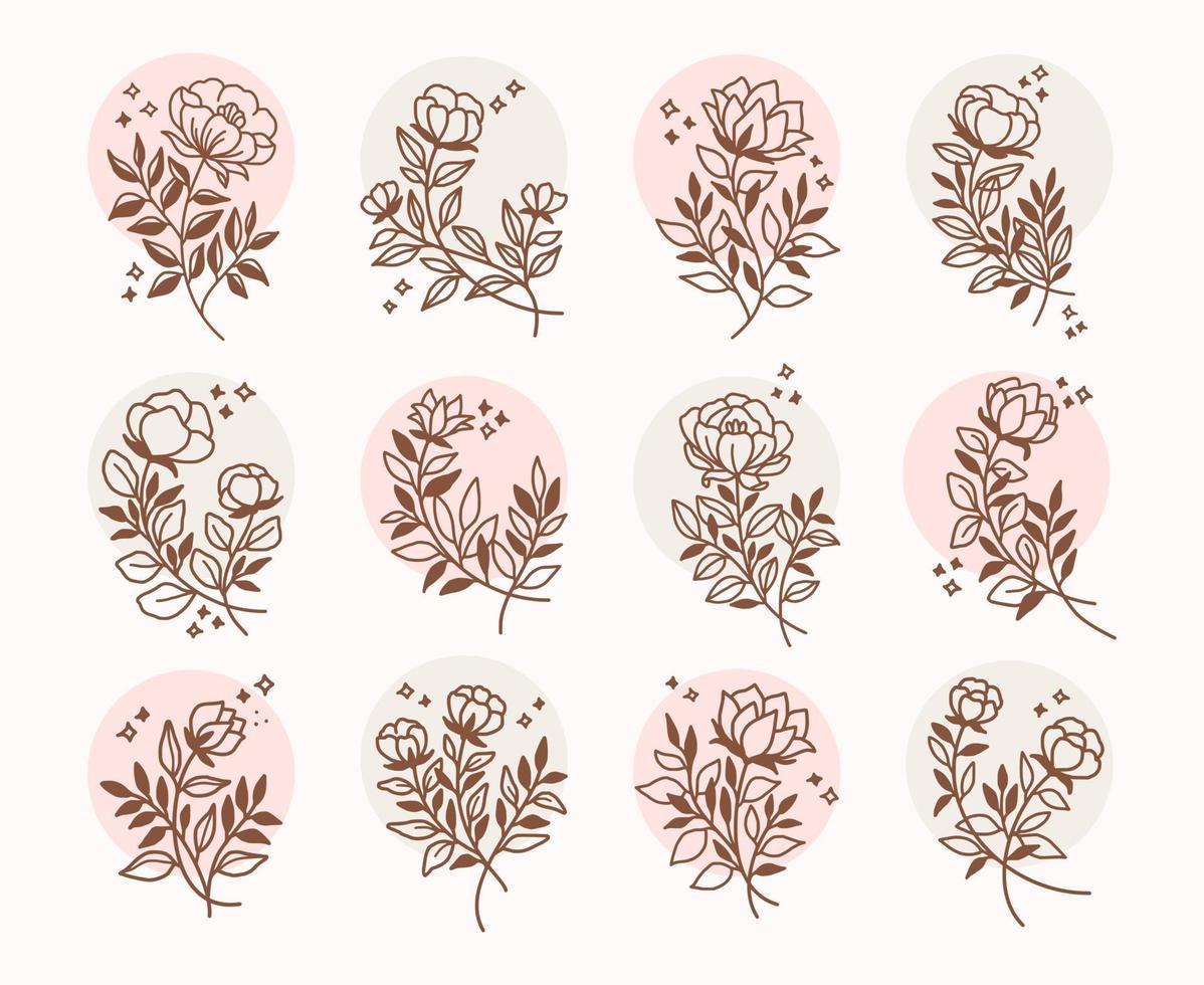 Conjunto de elementos florales y vegetales lineales vintage dibujados a mano para logotipo o decoración vector