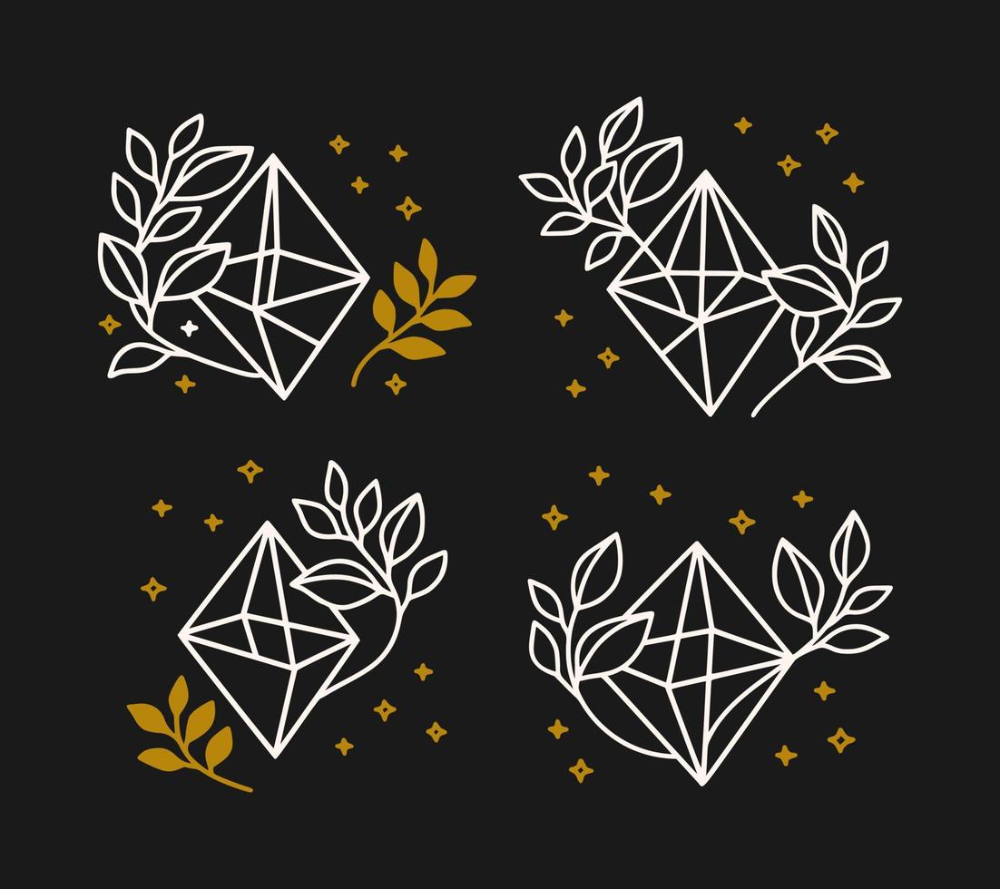 Set of hand drawn magical crystal elements with floral leaf branch vector