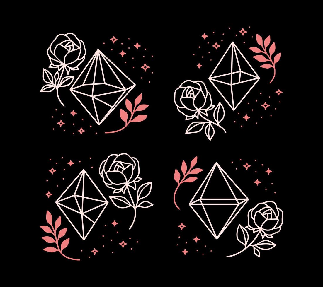 Set of hand drawn magical crystal elements with rose flower, leaf branch vector