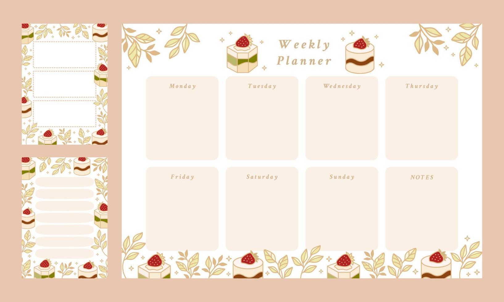 Set of weekly planner, daily to do list, notepad templates, school scheduler with hand drawn cake, floral, and strawberry elements vector