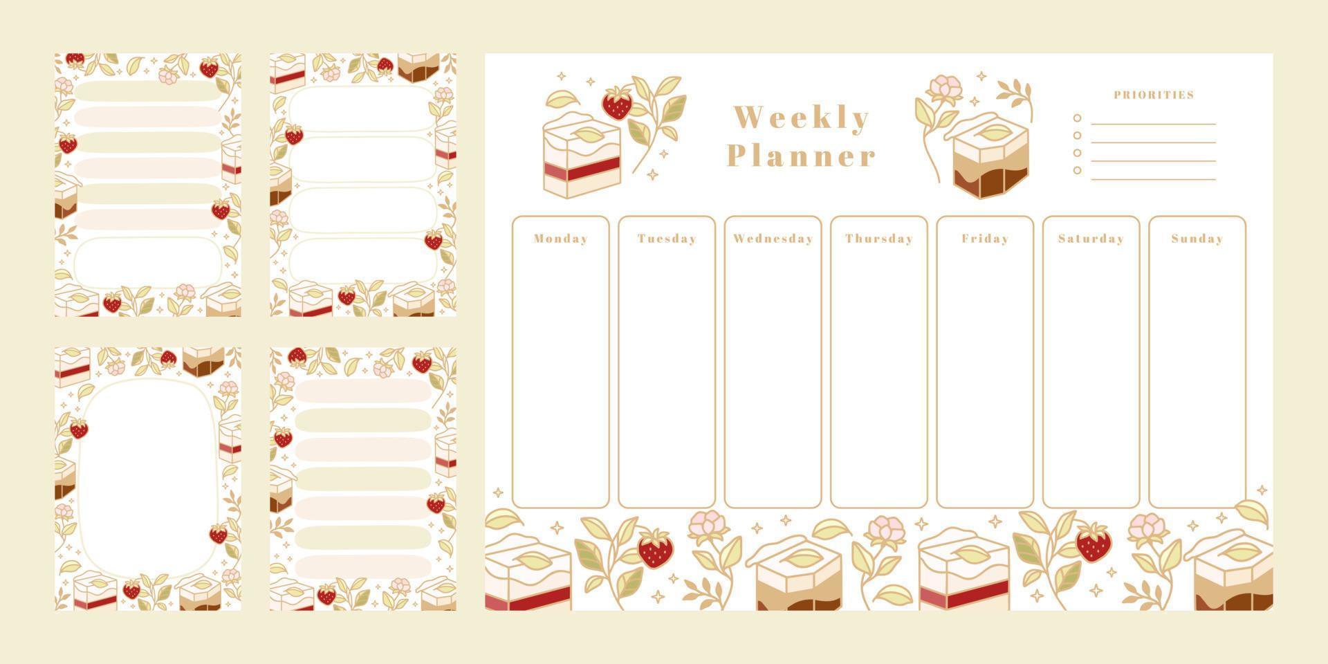 conjunto de planificador semanal, lista de tareas diarias, plantillas de bloc de notas, planificador escolar con elementos de pastel, florales y fresas dibujados a mano vector