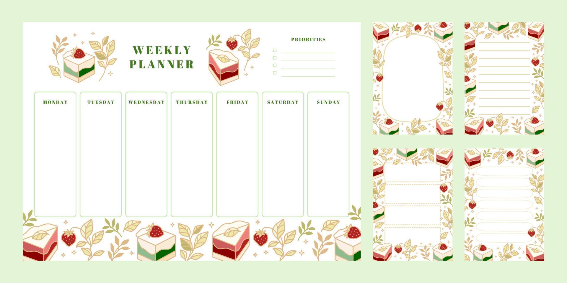 Set of weekly planner, daily to do list, notepad templates, school scheduler with hand drawn cake, floral, and strawberry elements vector