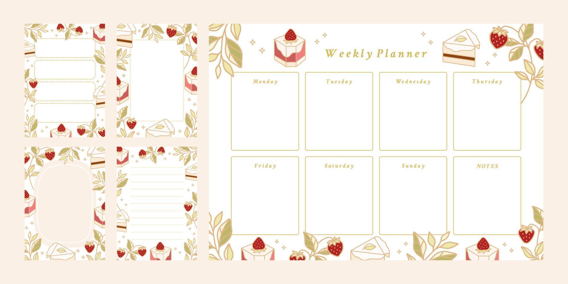 conjunto de planificador semanal, lista de tareas diarias, plantillas de bloc de notas, planificador escolar con elementos de pastel, florales y fresas dibujados a mano vector