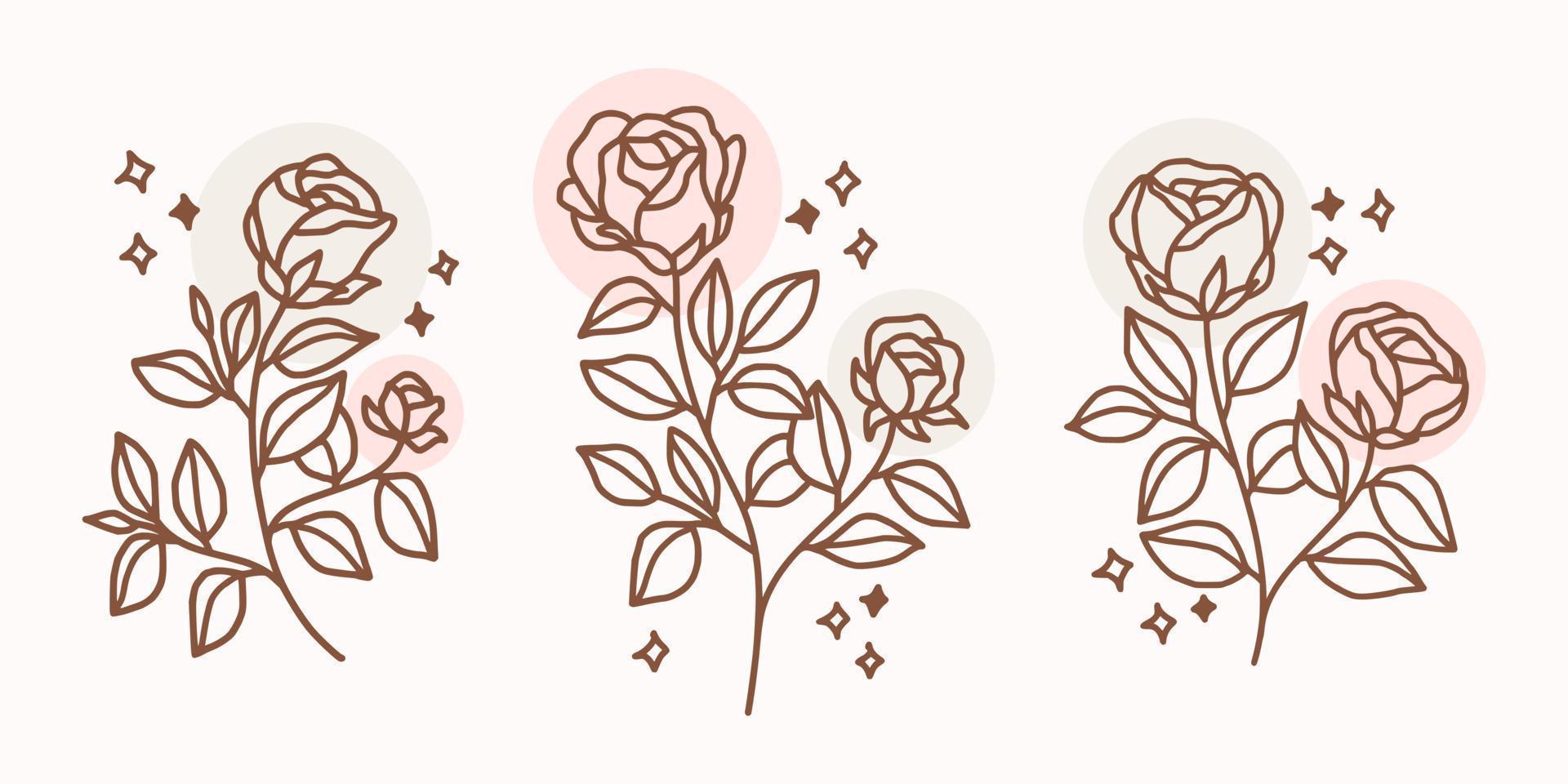 Set of hand drawn vintage linear flower and plant elements for logo or decoration vector