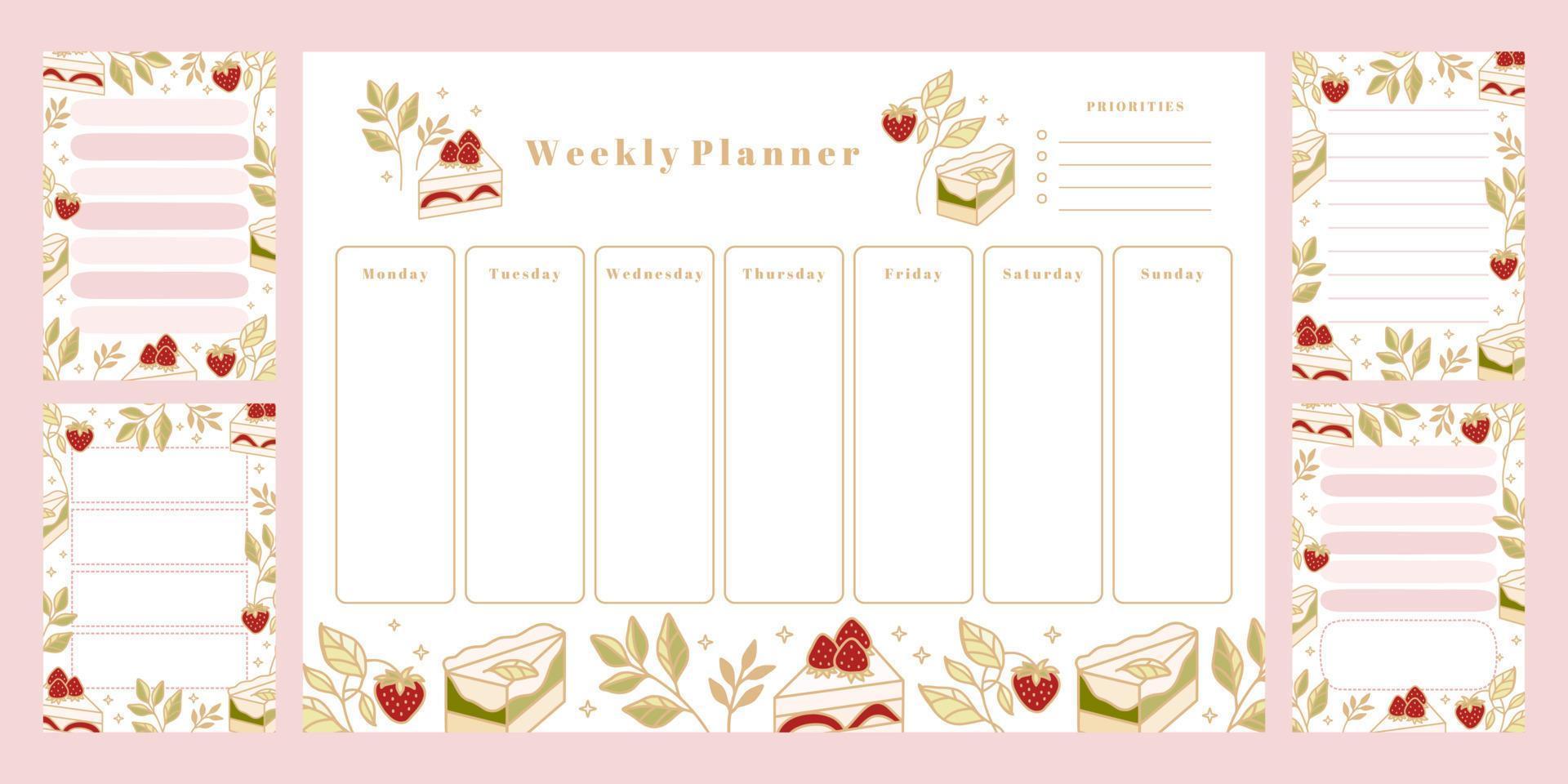 Set of weekly planner, daily to do list, notepad templates, school scheduler with hand drawn cake, floral, and strawberry elements vector