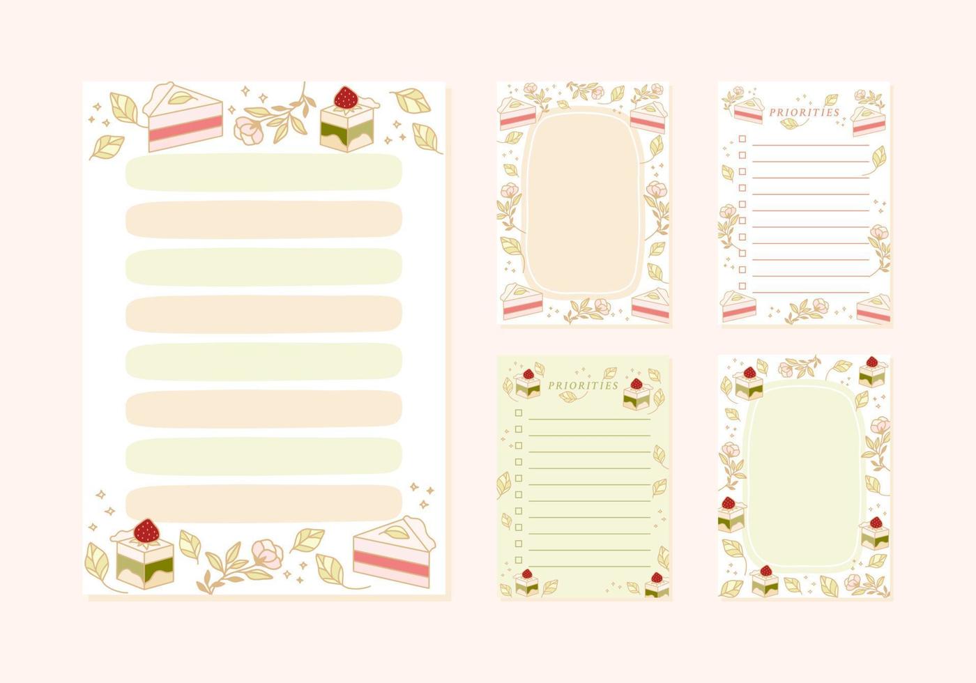 Collection of daily or weekly planner, note paper, to do list, wishlist, organizer templates decorated with cute strawberry cake illustrations vector