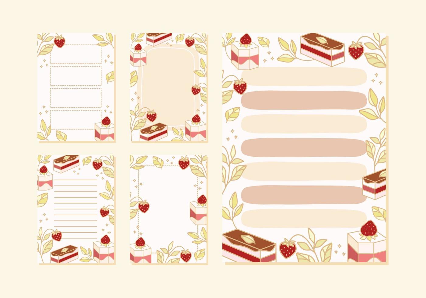 Collection of daily or weekly planner, note paper, to do list, wishlist, organizer templates decorated with cute strawberry cake illustrations vector