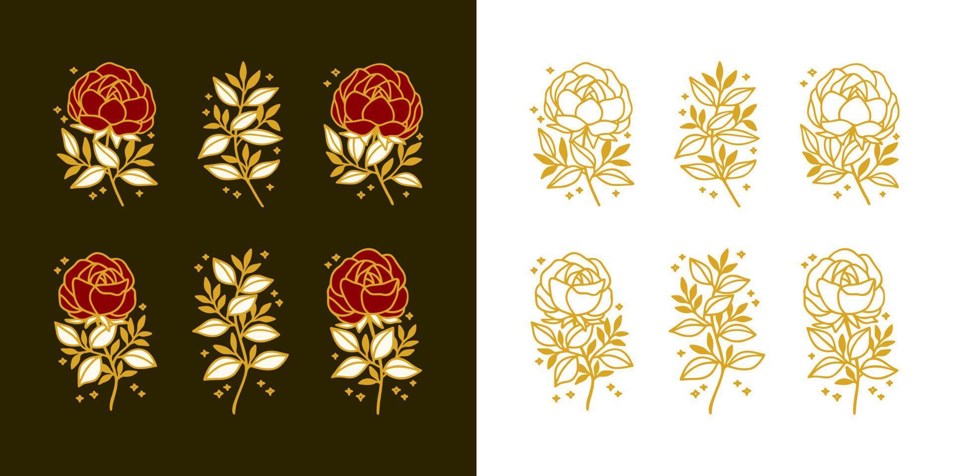 conjunto de elementos de logotipo femenino de peonía vintage, flor rosa y rama de hoja floral dibujados a mano vector