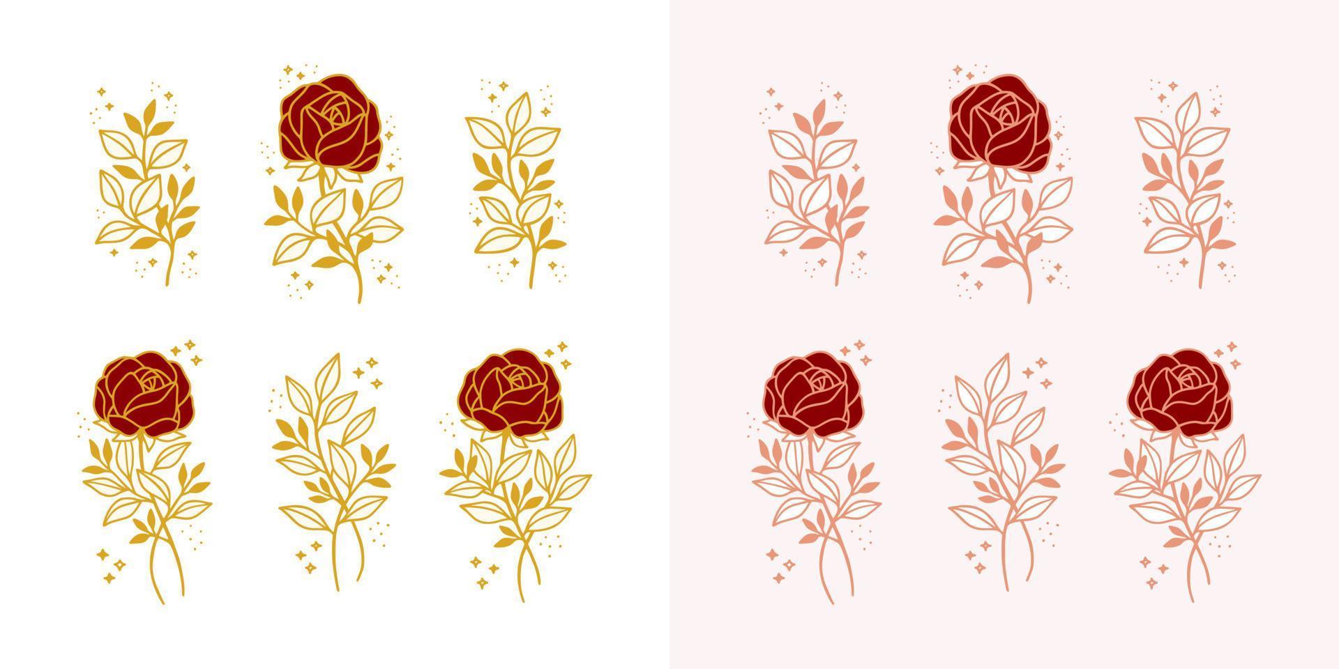 conjunto de elementos de logotipo femenino de peonía vintage, flor rosa y rama de hoja floral dibujados a mano vector