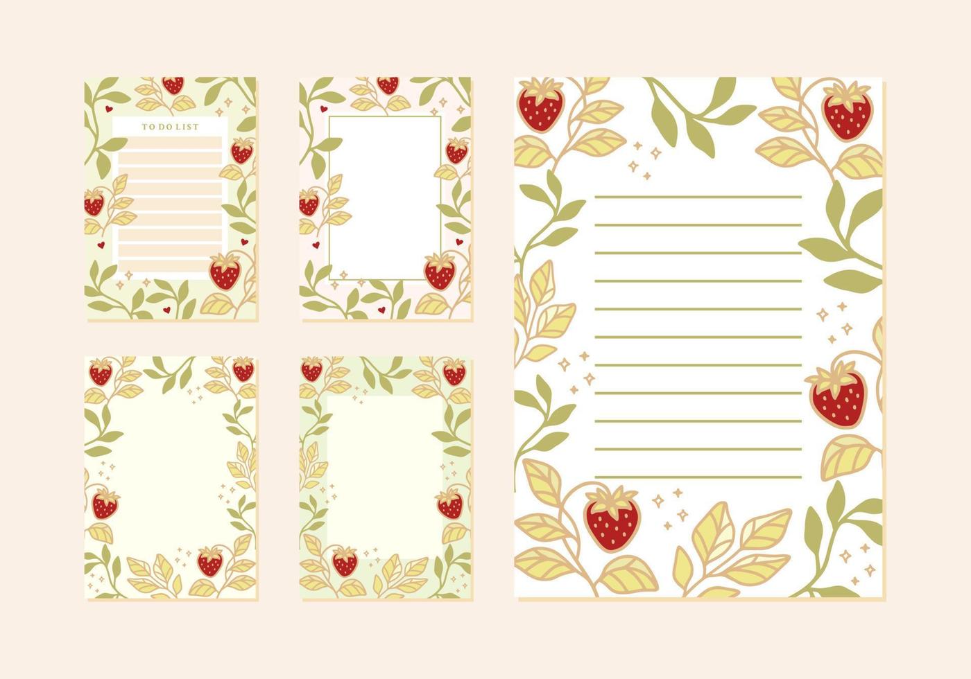 Collection of daily or weekly planner, note paper, to do list, wishlist, organizer templates decorated with cute strawberry cake illustrations vector