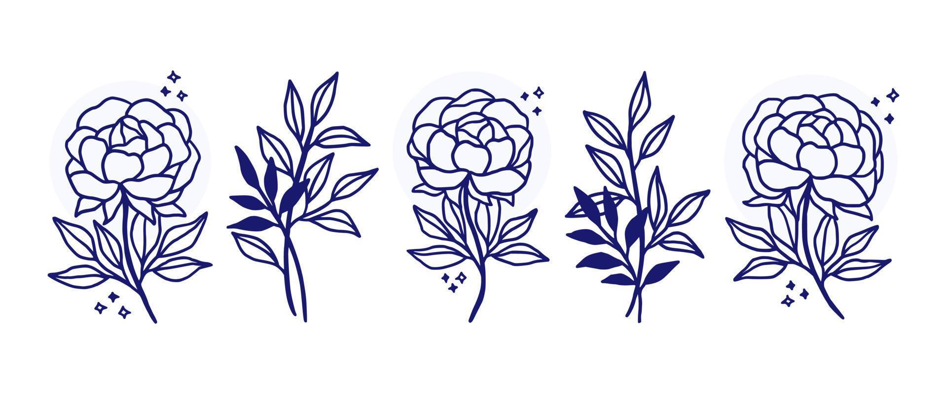 Hand drawn vintage botanical flower linear logo elements vector