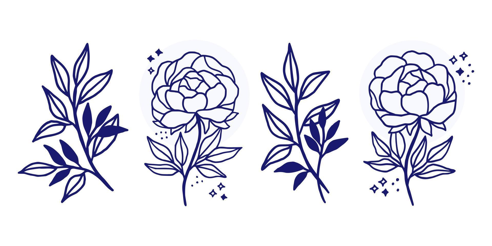 Hand drawn vintage botanical flower linear logo elements vector