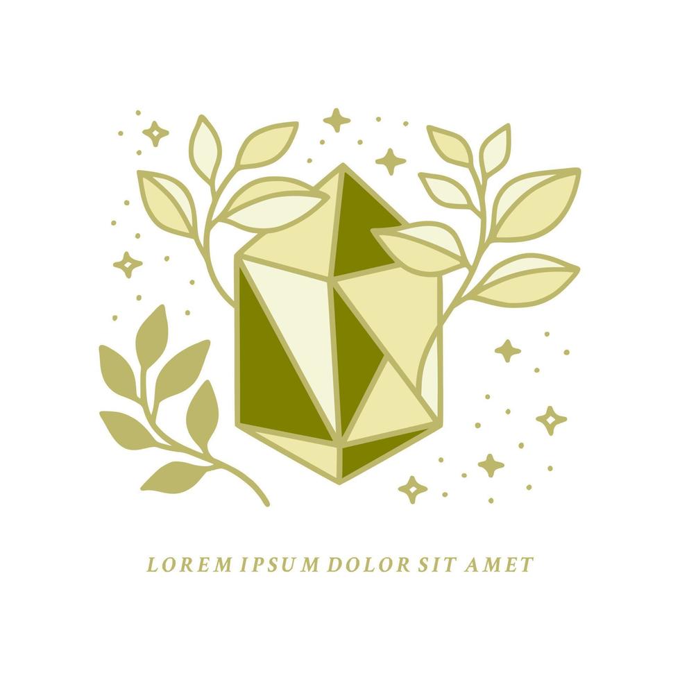 Hand drawn magical crystal logo element with botanical leaf and stars vector