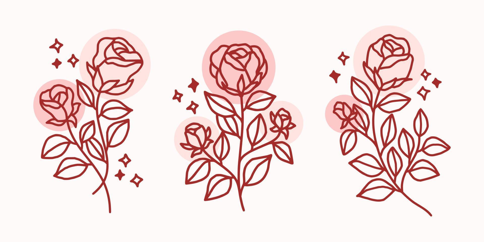Set of hand drawn vintage linear flower and plant elements for logo or decoration vector