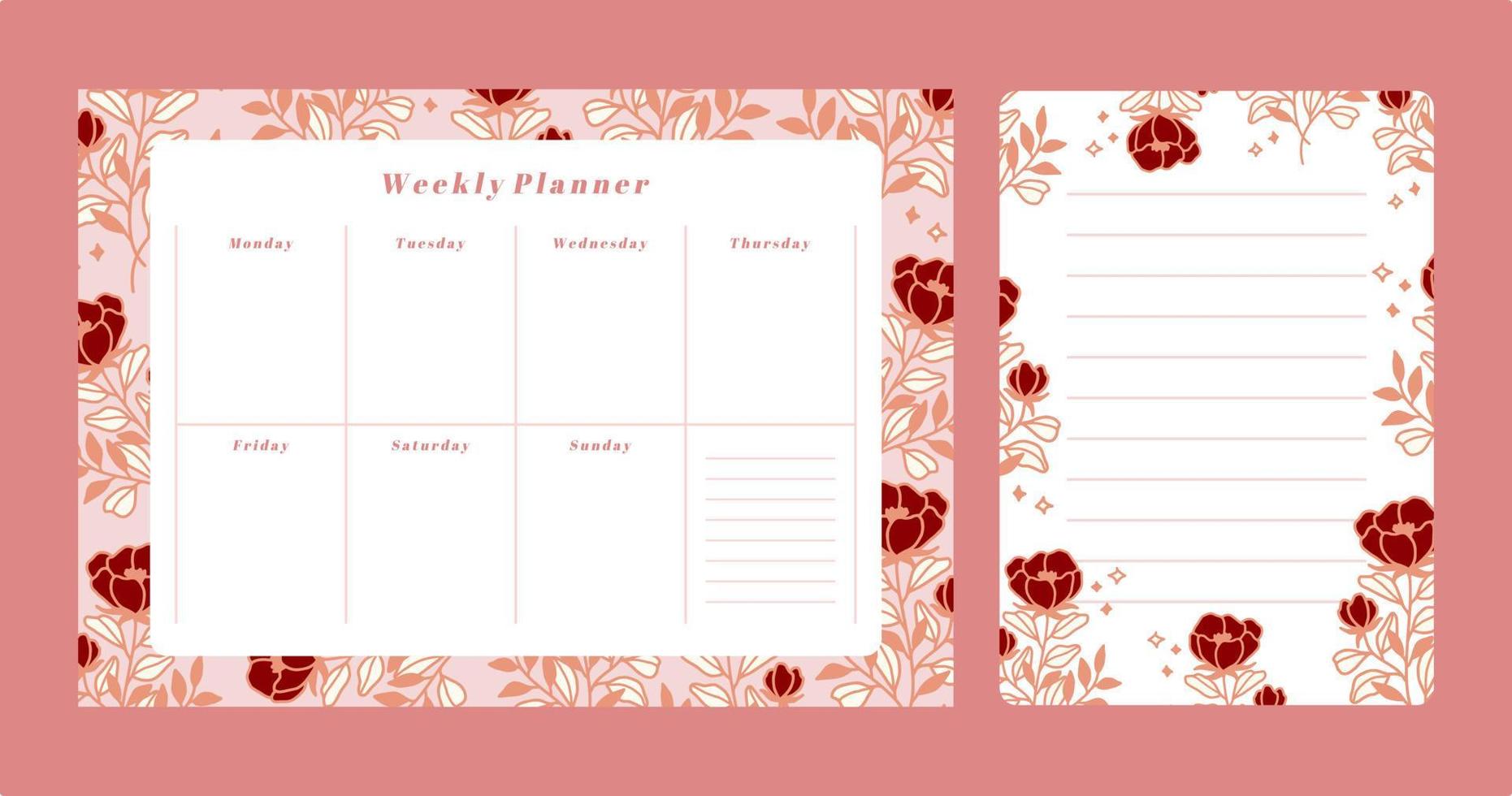 conjunto de planificador semanal floral y plantilla de bloc de notas de lista de tareas vector