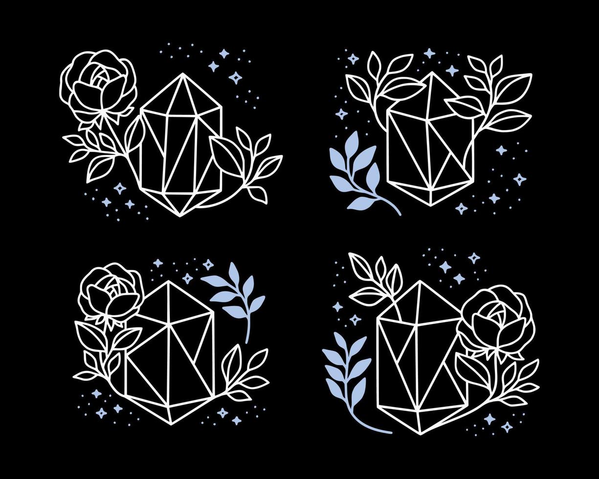 Set of hand drawn magical crystal elements with rose flower, leaf branch vector