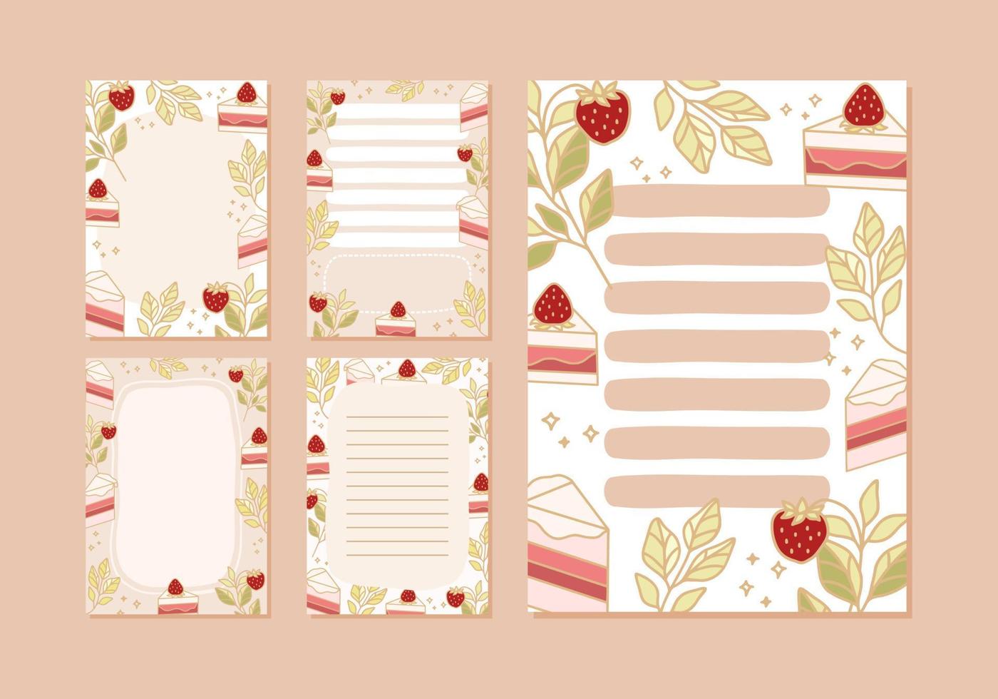 Collection of daily planner, weekly planner, note paper, to do list, wishlist, organizer templates decorated with cute strawberry and cake illustrations vector