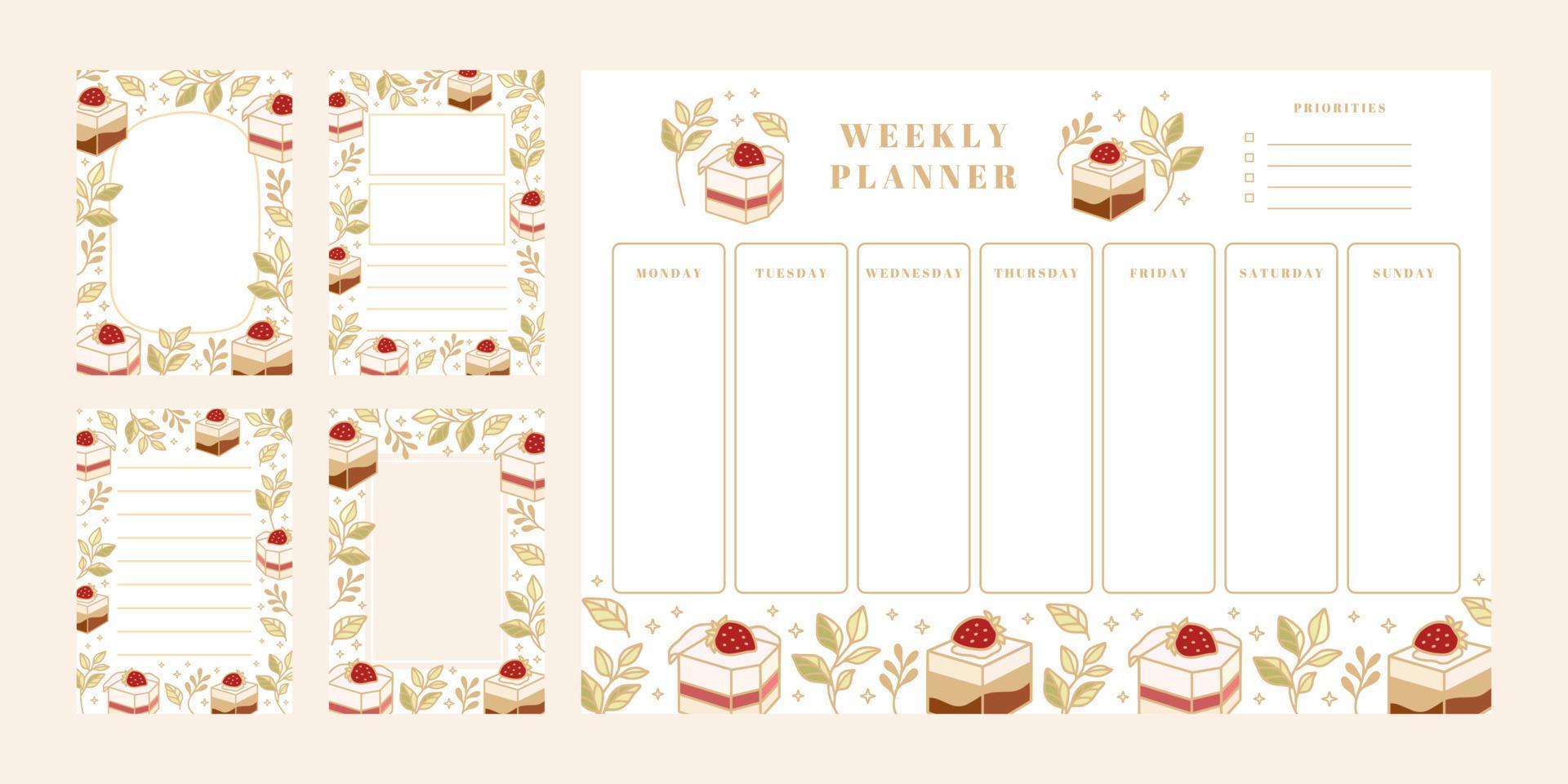 Set of weekly planner, daily to do list, notepad templates, school scheduler with hand drawn cake, floral, and strawberry elements vector