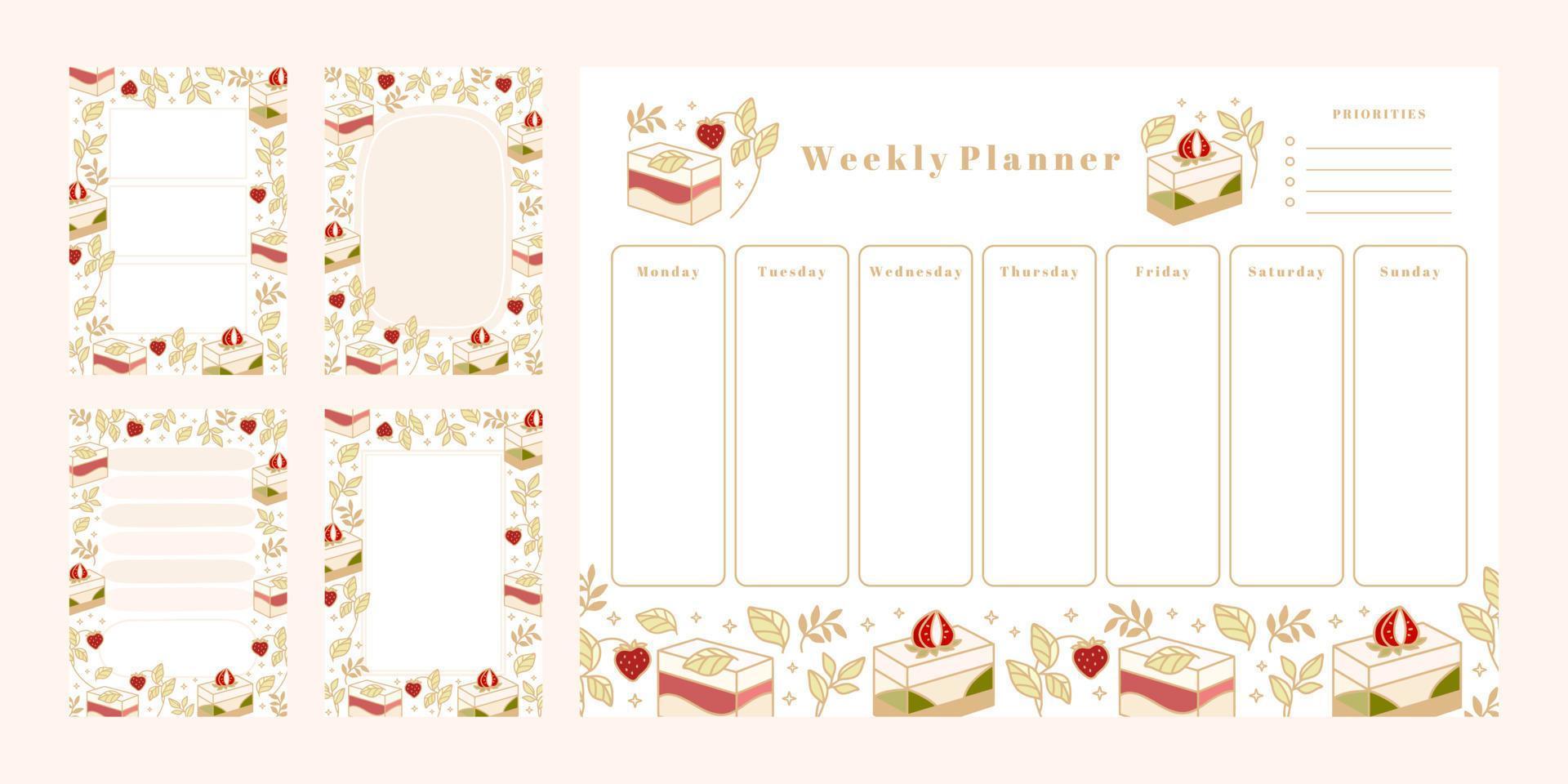 conjunto de planificador semanal, lista de tareas diarias, plantillas de bloc de notas, planificador escolar con elementos de pastel, florales y fresas dibujados a mano vector