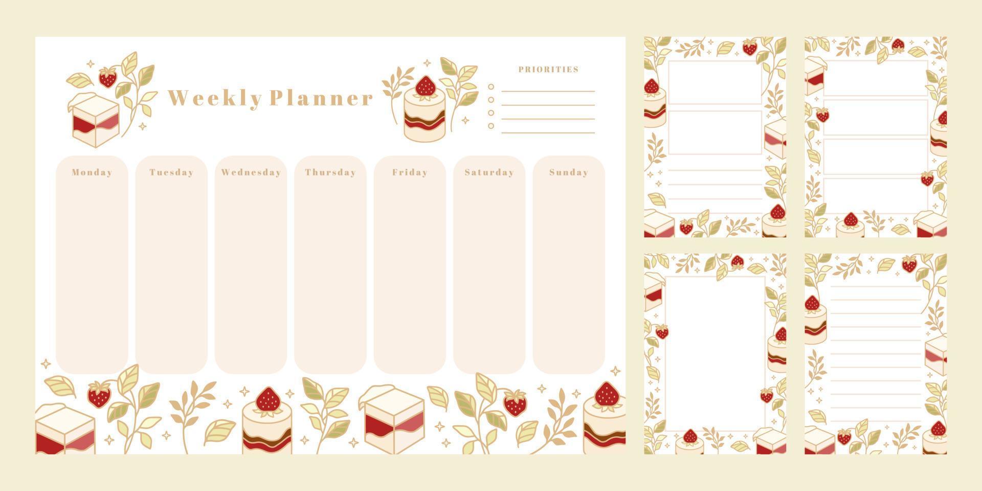 Set of weekly planner, daily to do list, notepad templates, school scheduler with hand drawn cake, floral, and strawberry elements vector