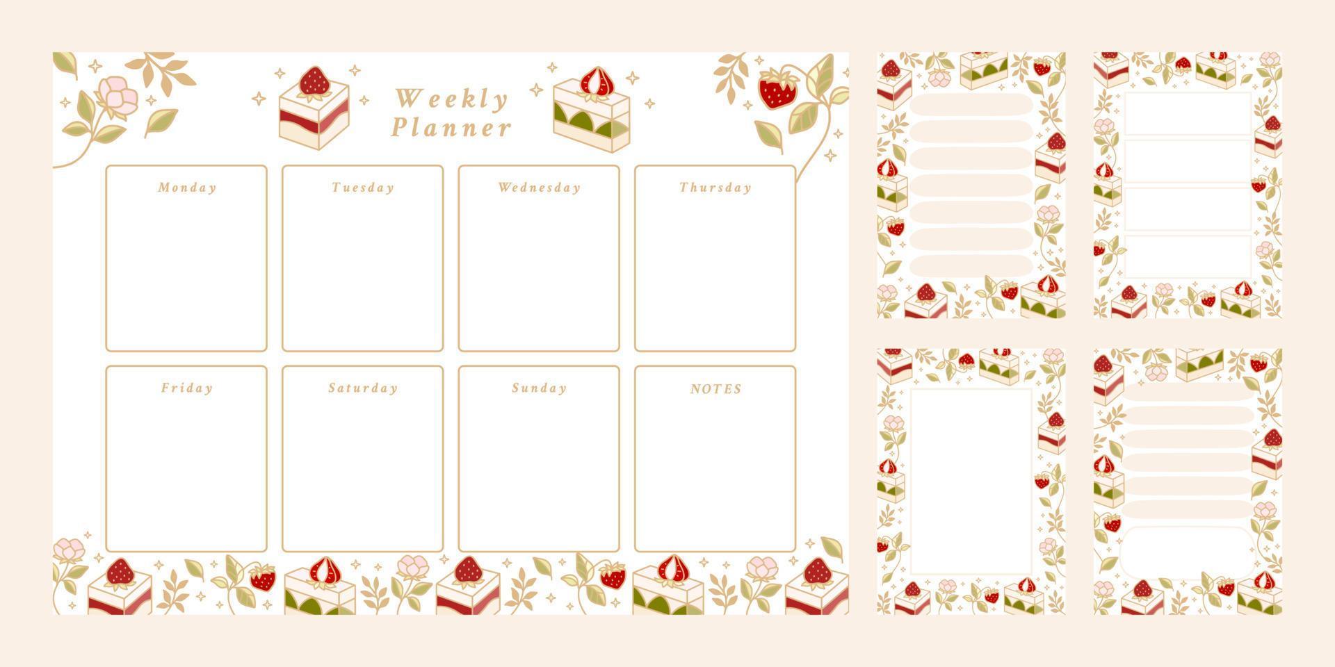 conjunto de planificador semanal, lista de tareas diarias, plantillas de bloc de notas, planificador escolar con elementos de pastel, florales y fresas dibujados a mano vector