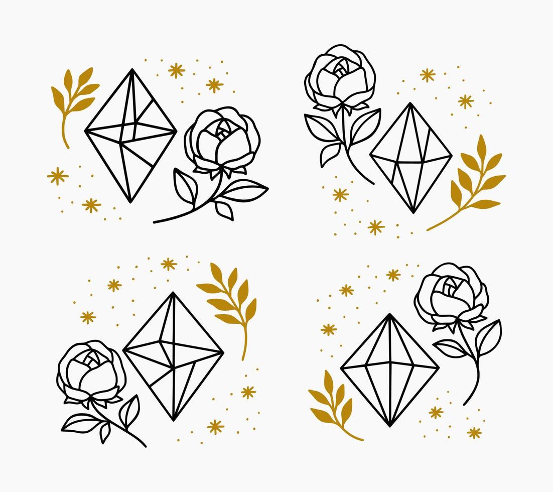 Set of hand drawn magical crystal elements with rose flower, leaf branch vector