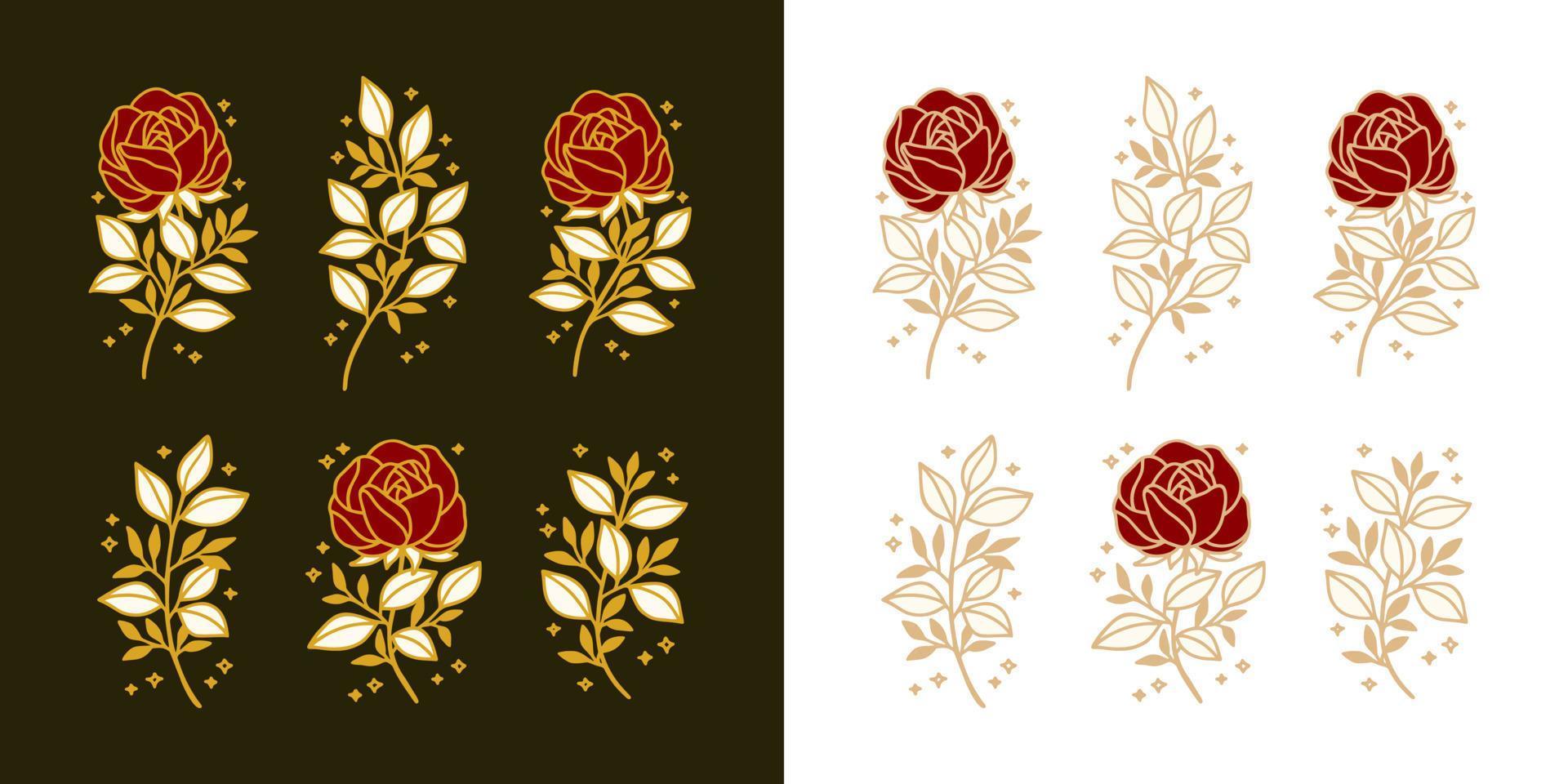 Set of hand drawn vintage peony, rose flower, and floral leaf branch line art feminine logo elements vector