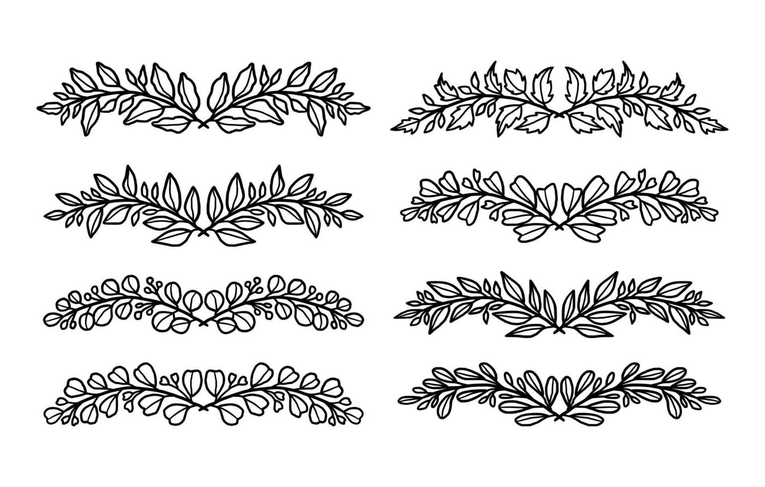 Collection of hand drawn vintage linear leaf wreaths, branches, and laurels for decoration vector